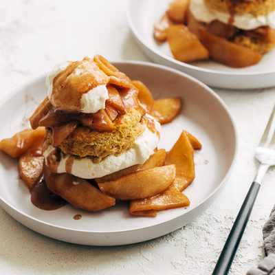 pumpkin biscuits with cinnamon apples and maple whipped cream.