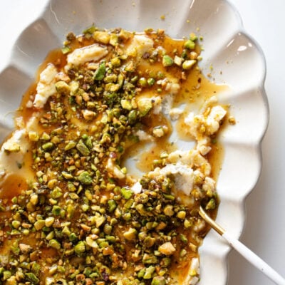 Boursin cheese with pistachios and honey.