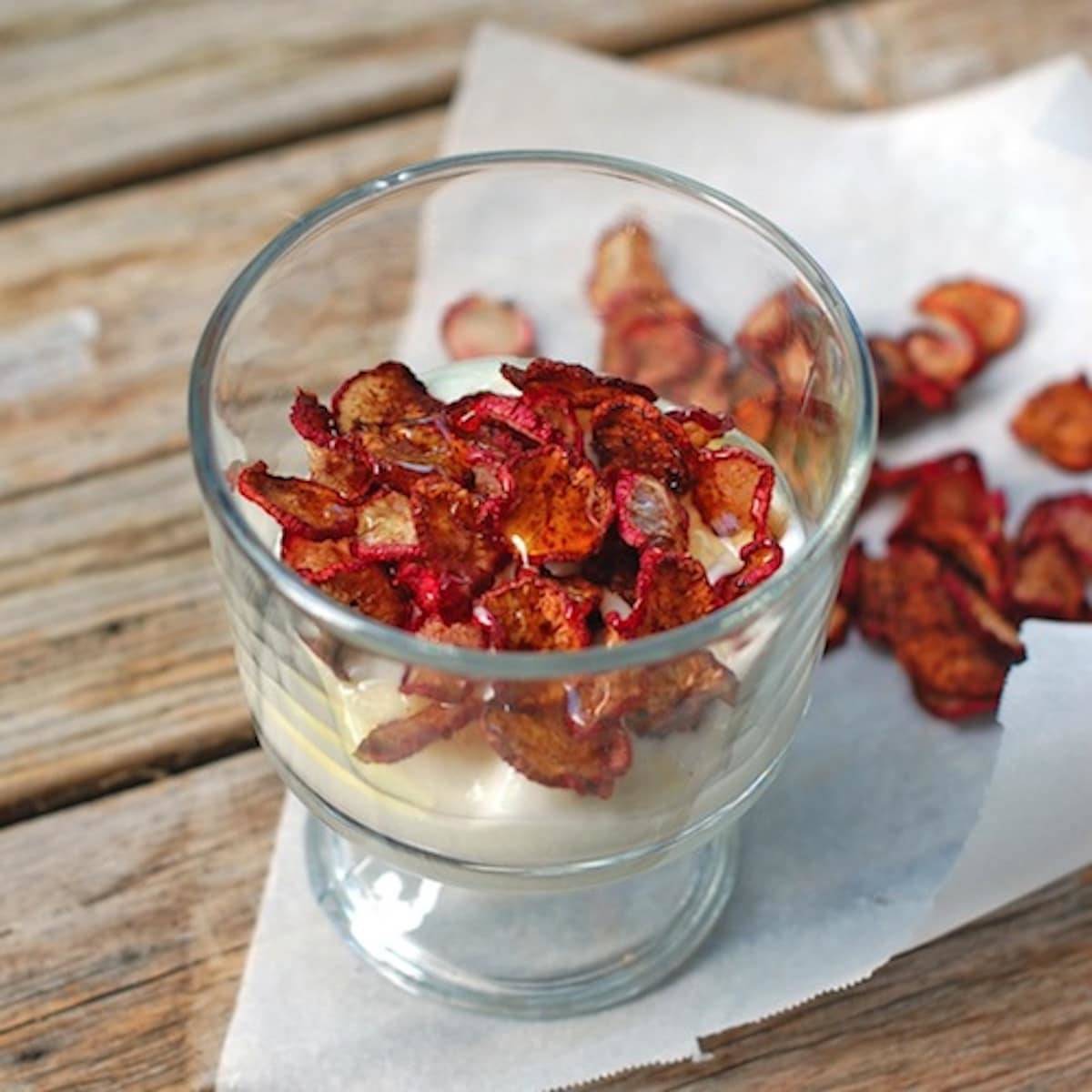 Cinnamon sugar radish chips served over Greek yogurt with honey.