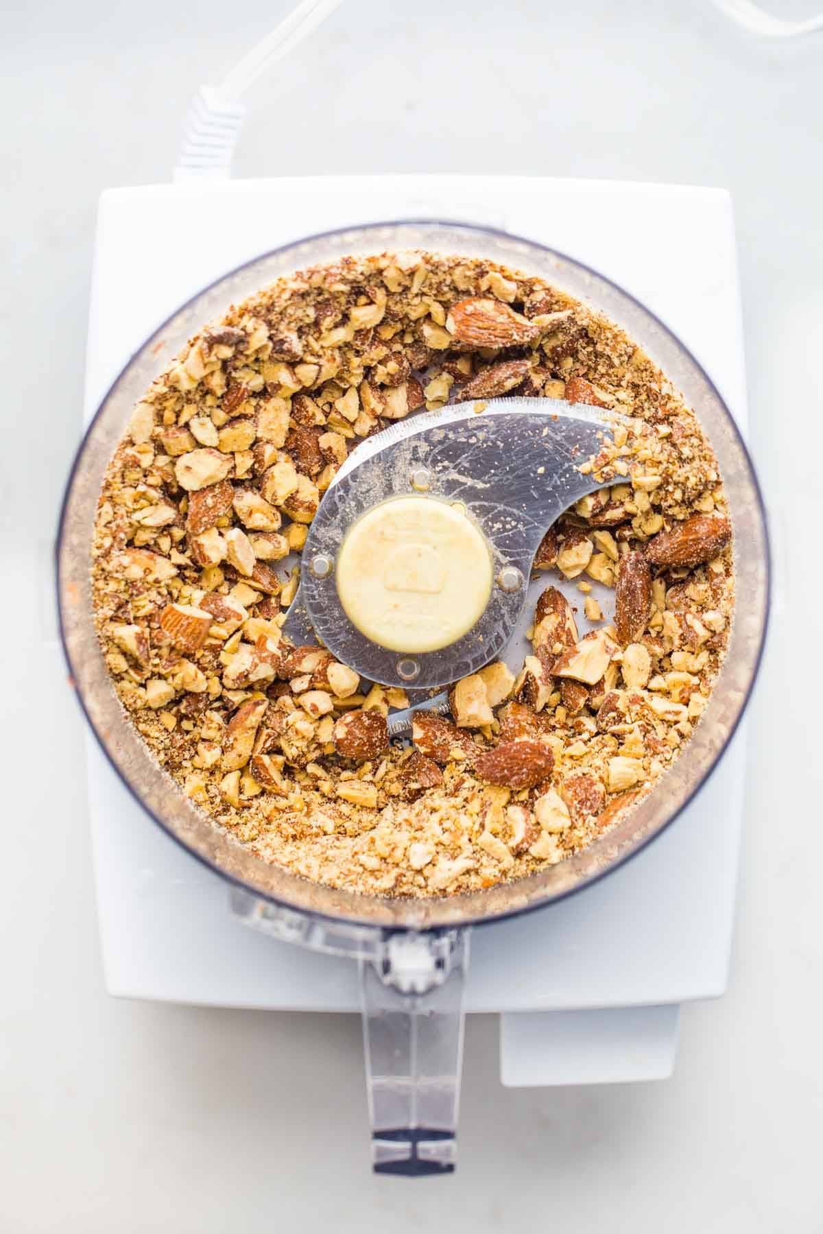 Chopped nuts in a food processor.