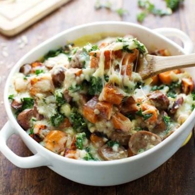 A picture of Sweet Potato, Kale, and Sausage Bake with White Cheese Sauce
